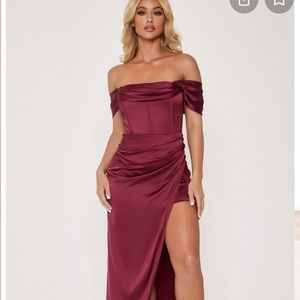 Burgundy Prom Dress (Off Shoulder) Satin